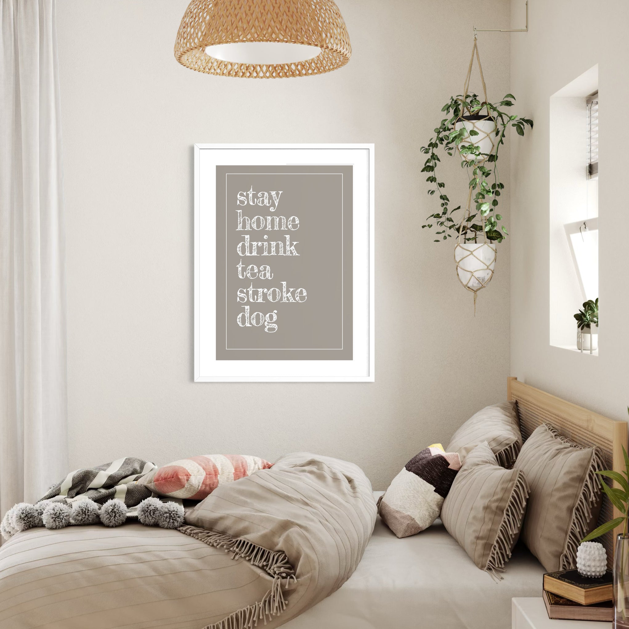 Stay Home Drink Tea Stroke Dog - Taupe - Framed